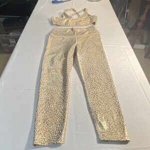 Xhilaration Gold Leopard 2pc Activewear Set V-Neck Bra + Pants Stretch M